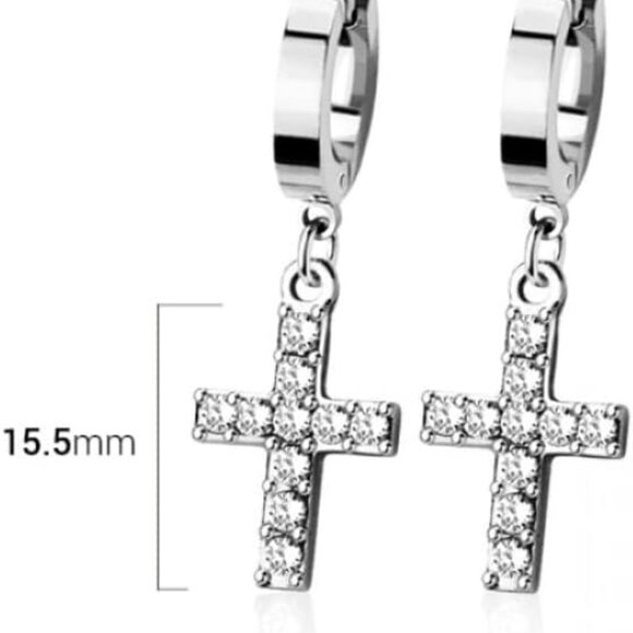 316L Stainless Steel CZ Cross Dangling Huggie Hoop Earrings for Women - Picture 2 of 3